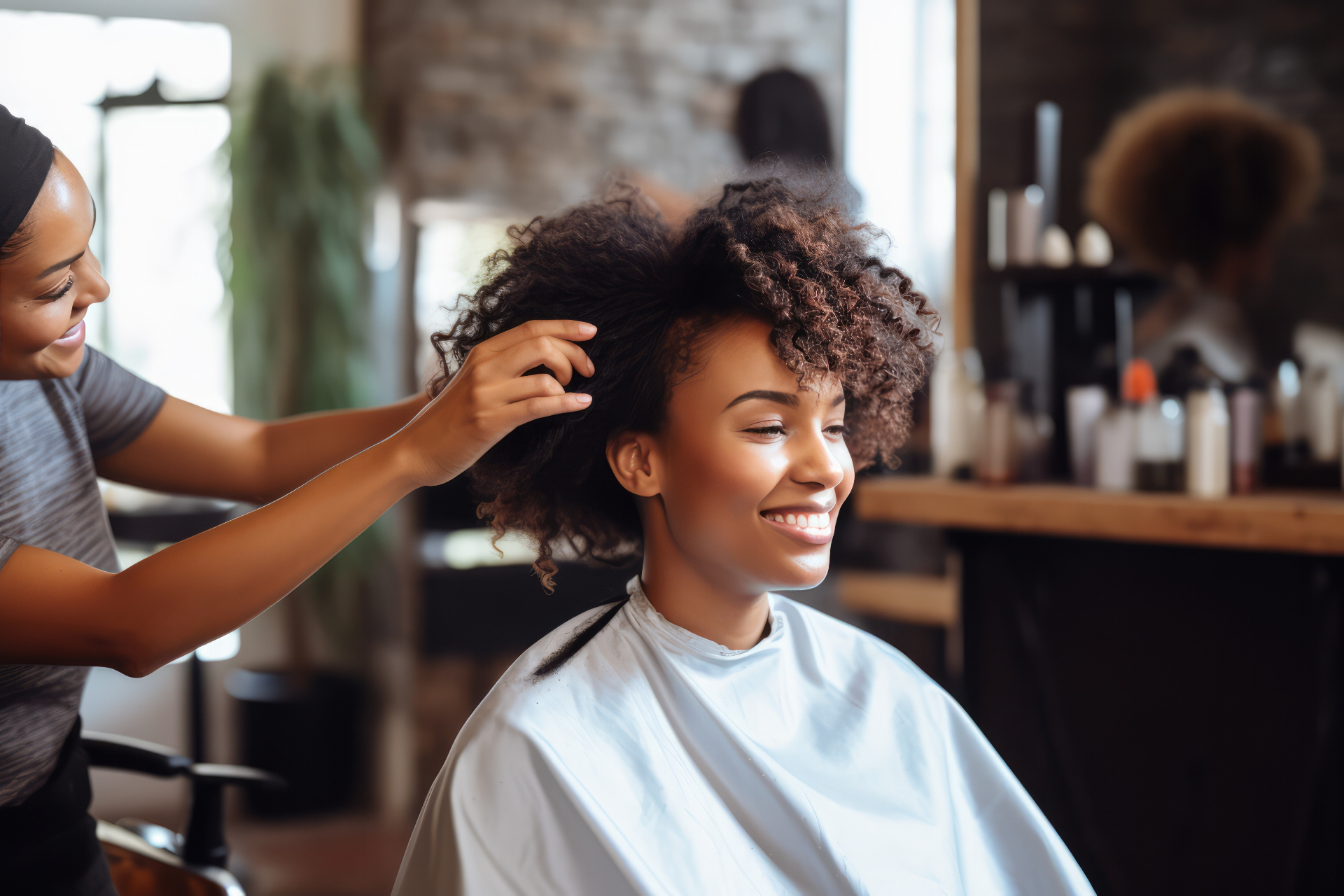 Hairstylist working on client's curly hair in salon